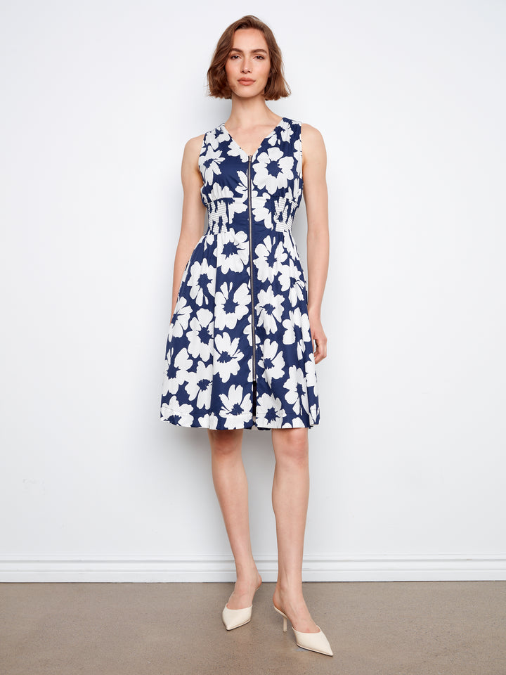 Cotton Voile Printed Front Zip Knee Length Dress