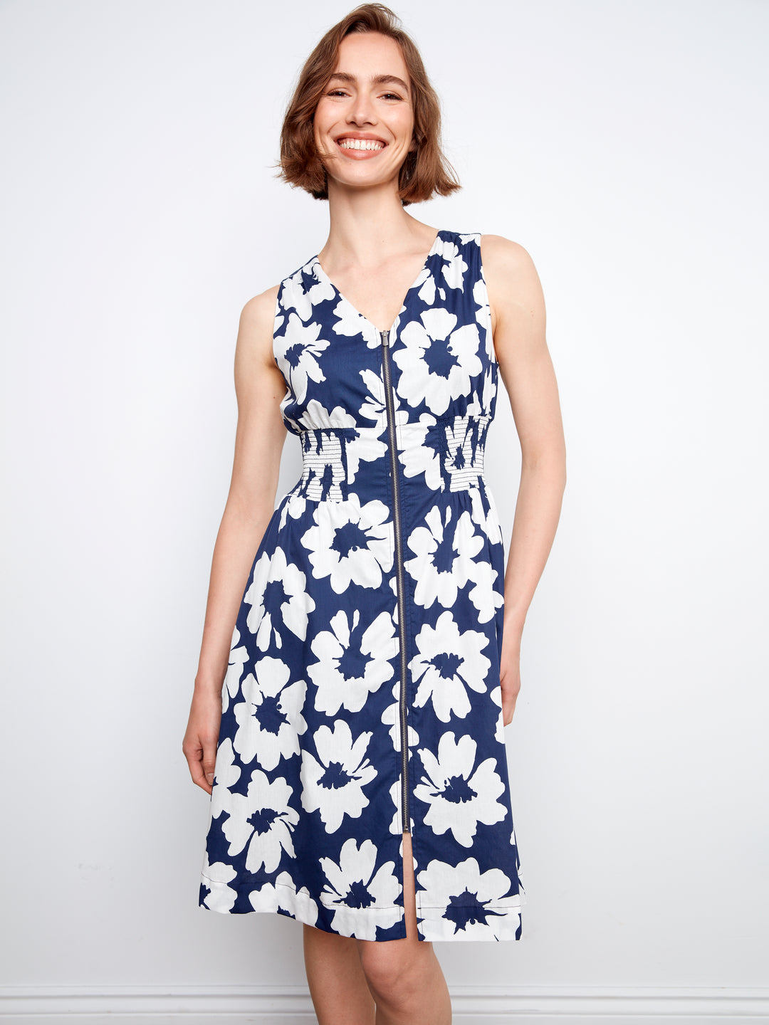 Cotton Voile Printed Front Zip Knee Length Dress