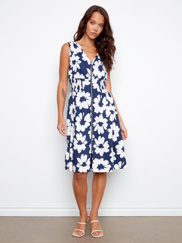 Cotton Voile Printed Front Zip Knee Length Dress