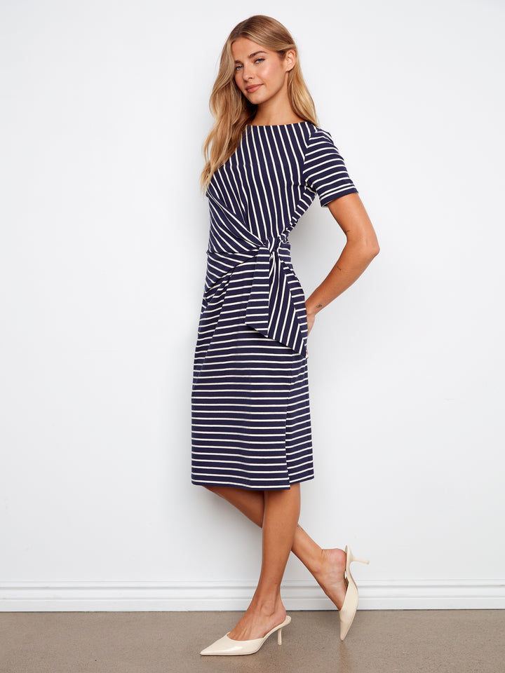 Striped Short Sleeve With Cuff, Boat Neck Dress With Tie