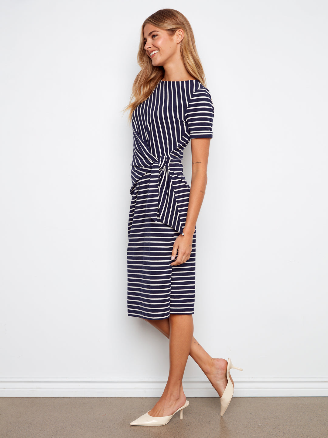 Striped Short Sleeve With Cuff, Boat Neck Dress With Tie