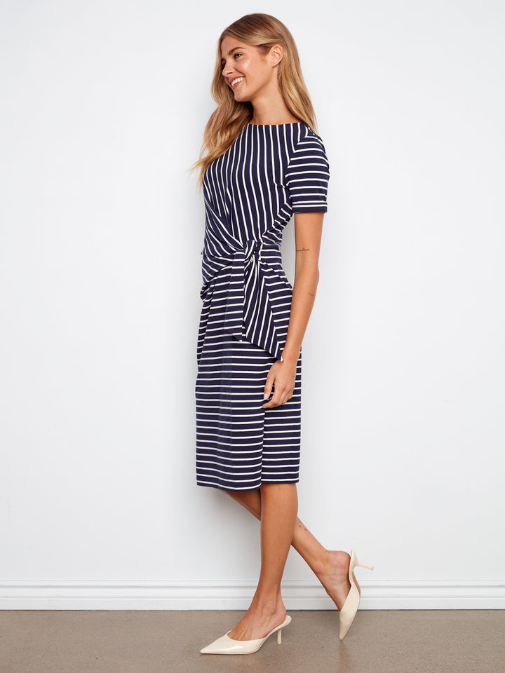 Striped Short Sleeve With Cuff, Boat Neck Dress With Tie