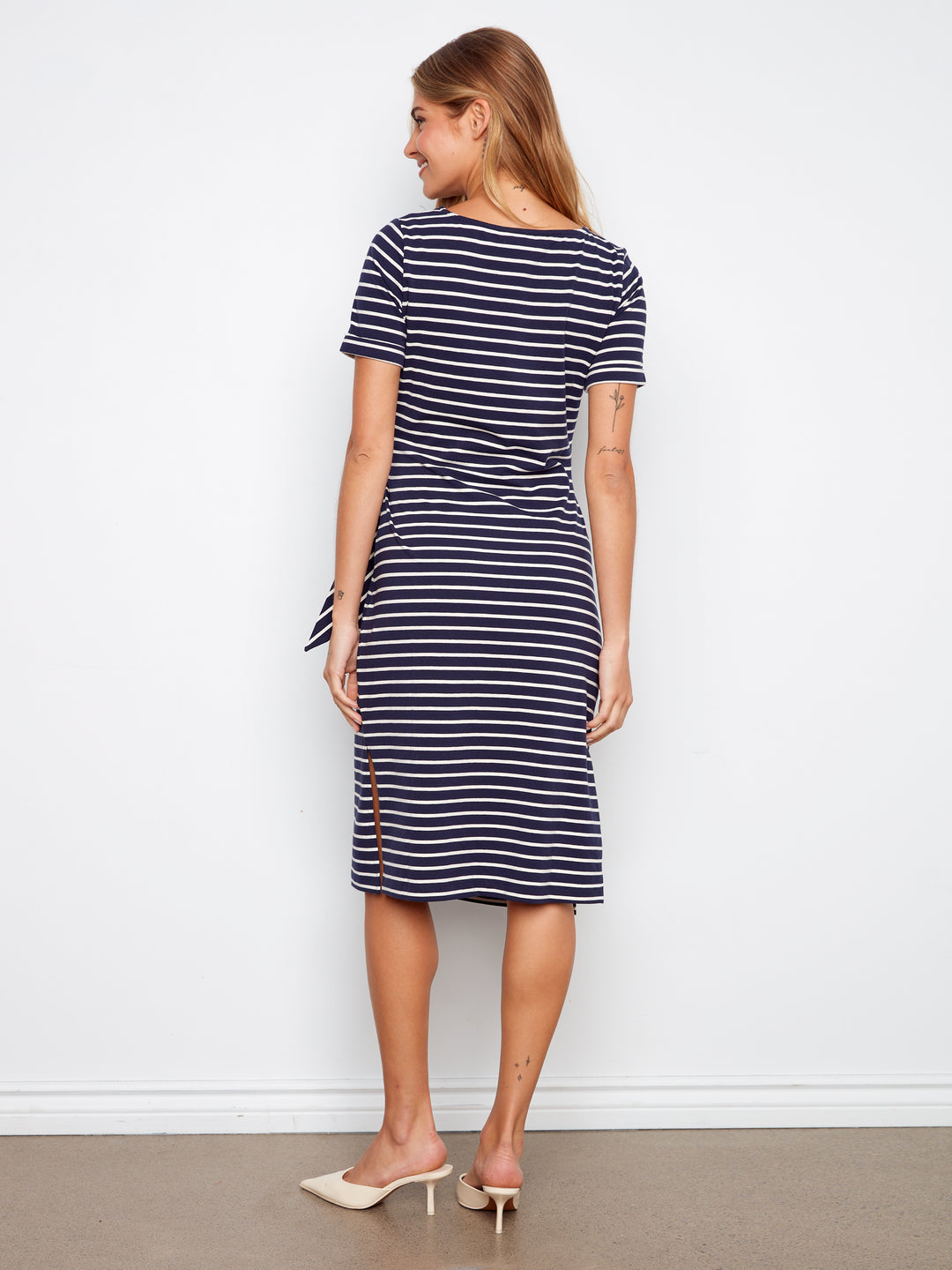 Striped Short Sleeve With Cuff, Boat Neck Dress With Tie