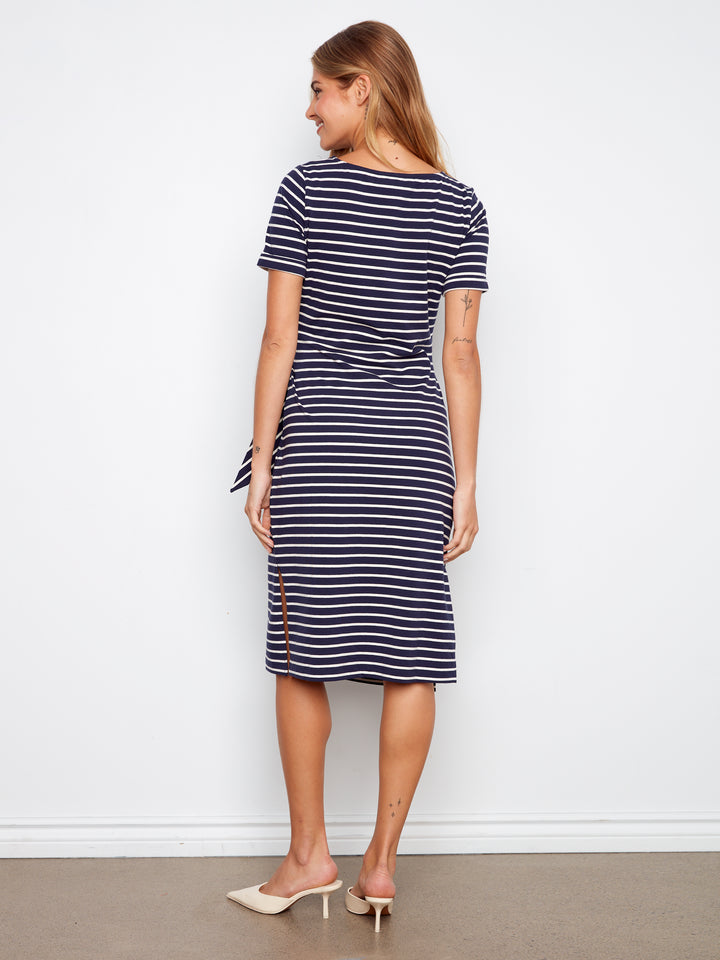 Striped Short Sleeve With Cuff, Boat Neck Dress With Tie