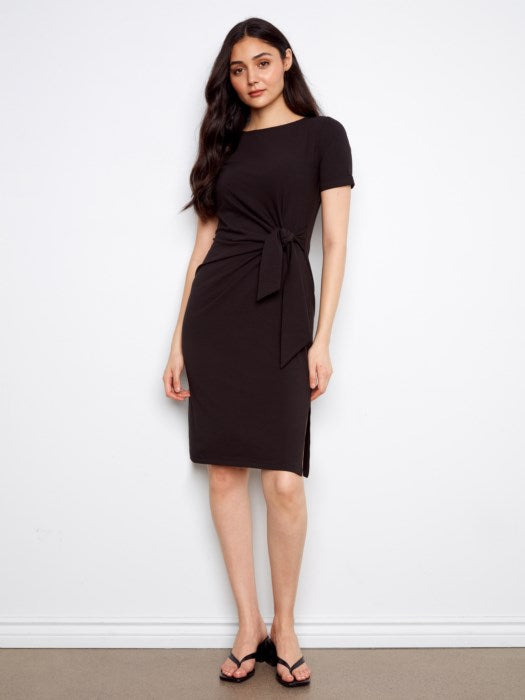 Striped Short Sleeve With Cuff, Boat Neck Dress With Tie