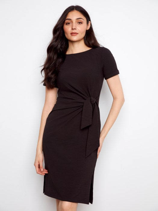 Striped Short Sleeve With Cuff, Boat Neck Dress With Tie