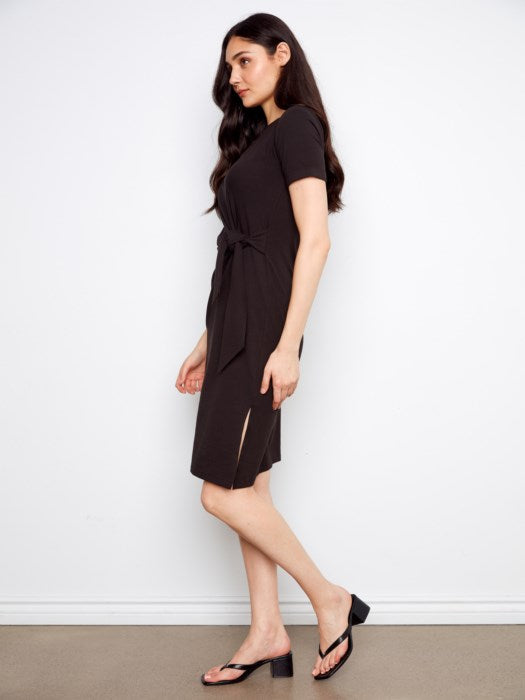 Striped Short Sleeve With Cuff, Boat Neck Dress With Tie