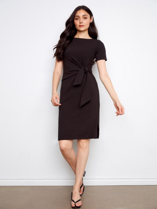 Striped Short Sleeve With Cuff, Boat Neck Dress With Tie