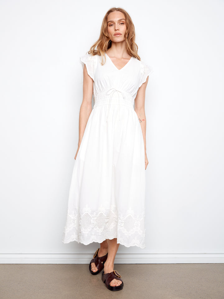 V-Neck Elastic Waist Dress & Ruffle Cap Sleeve