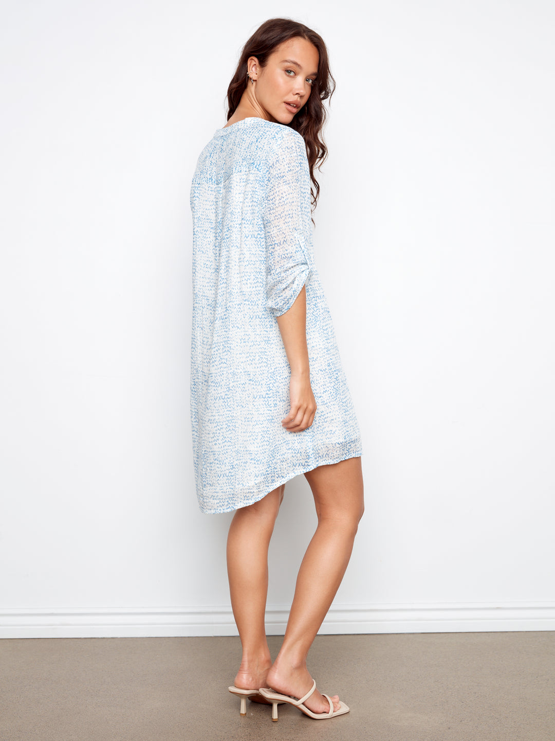 Printed Cotton Blend 3/4 Sleeve Henley Dress Style 3253