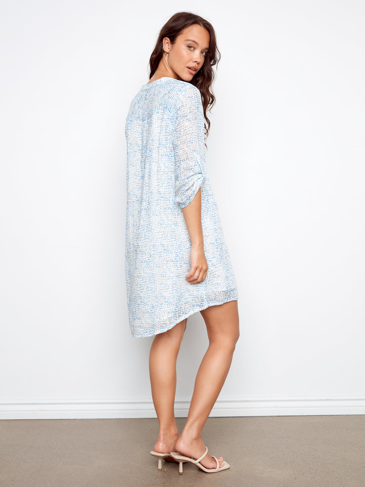 Printed Cotton Blend 3/4 Sleeve Henley Dress Style 3253