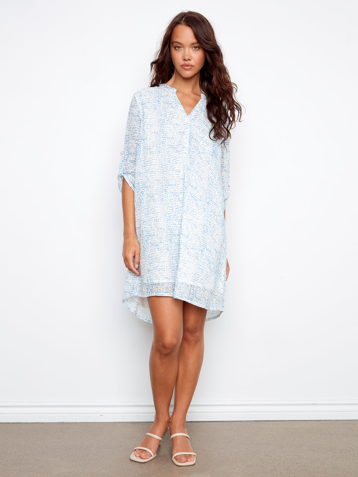 Printed Cotton Blend 3/4 Sleeve Henley Dress Style 3253