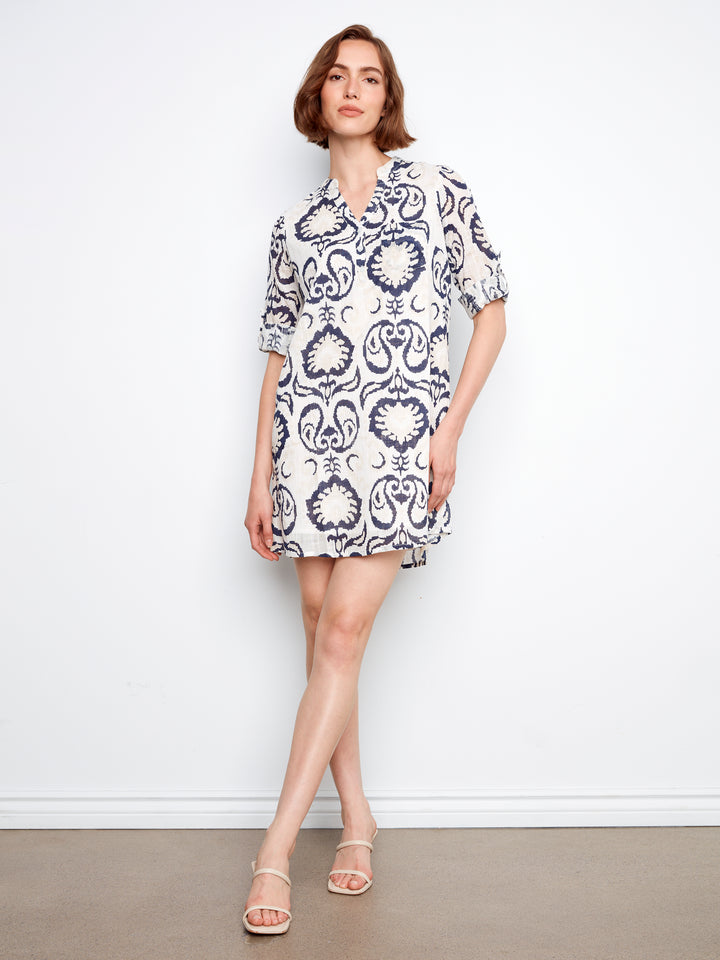 Printed Cotton Blend 3/4 Sleeve Henley Dress Style 3253