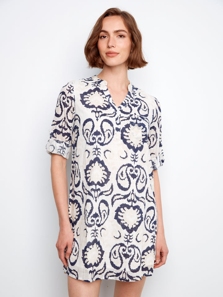Printed Cotton Blend 3/4 Sleeve Henley Dress Style 3253