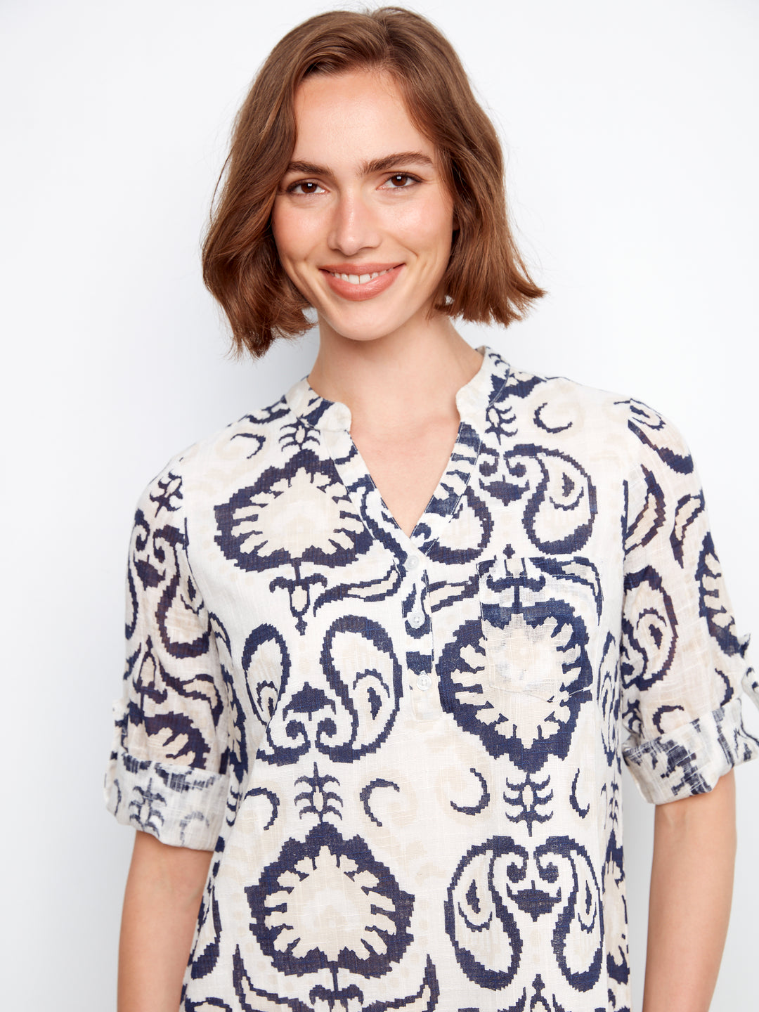 Printed Cotton Blend 3/4 Sleeve Henley Dress Style 3253