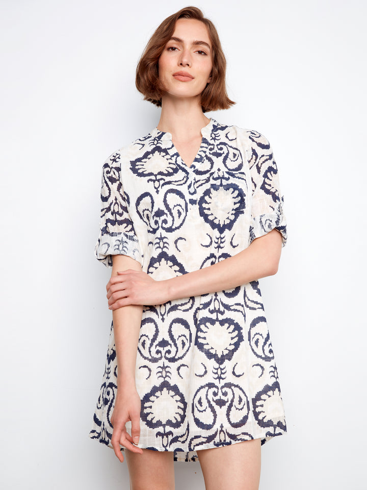 Printed Cotton Blend 3/4 Sleeve Henley Dress Style 3253