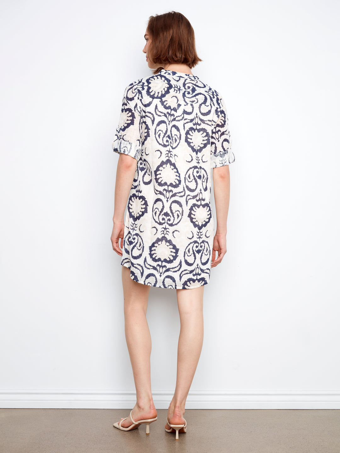 Printed Cotton Blend 3/4 Sleeve Henley Dress Style 3253
