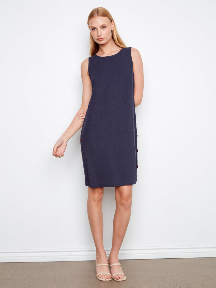 Sleeveless Shift Dress With Decorative Side Button Detail