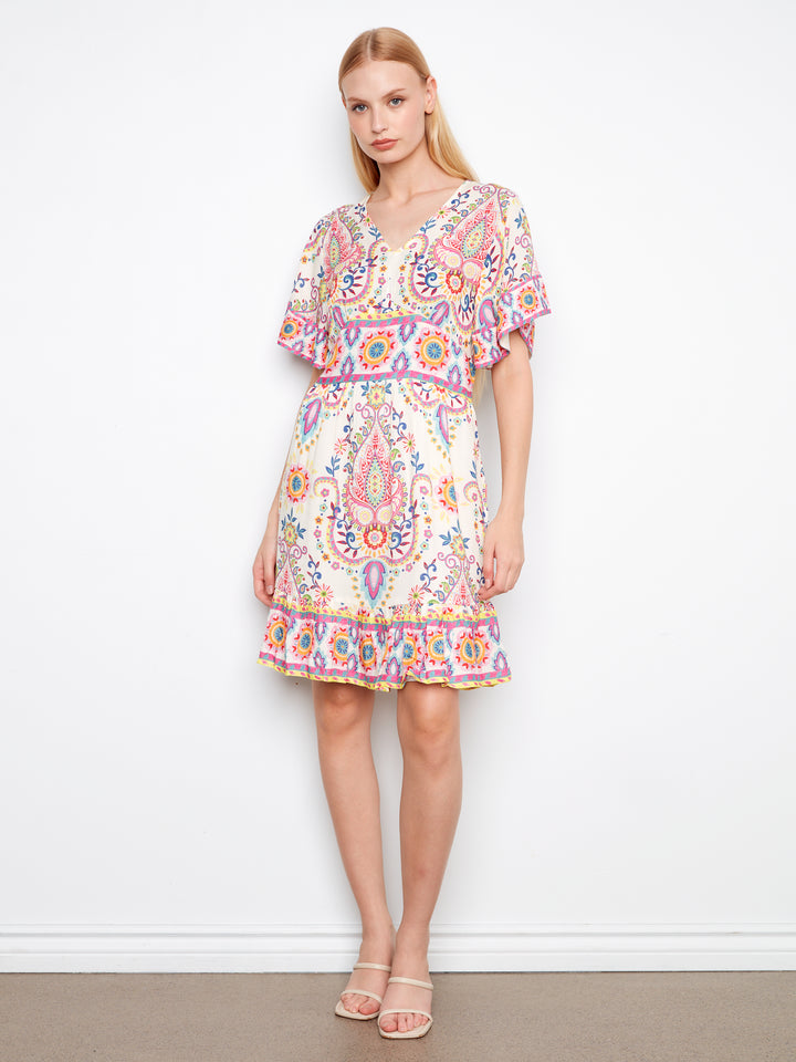 Border Print Flutter Elbow Sleeve V-Neck Dress, Back Smocked Waist Band