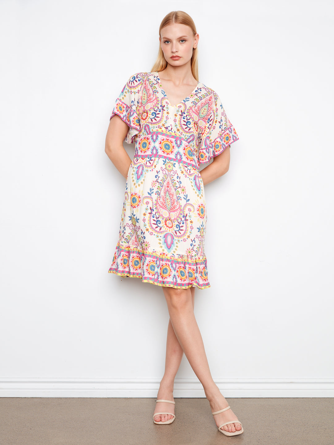 Border Print Flutter Elbow Sleeve V-Neck Dress, Back Smocked Waist Band