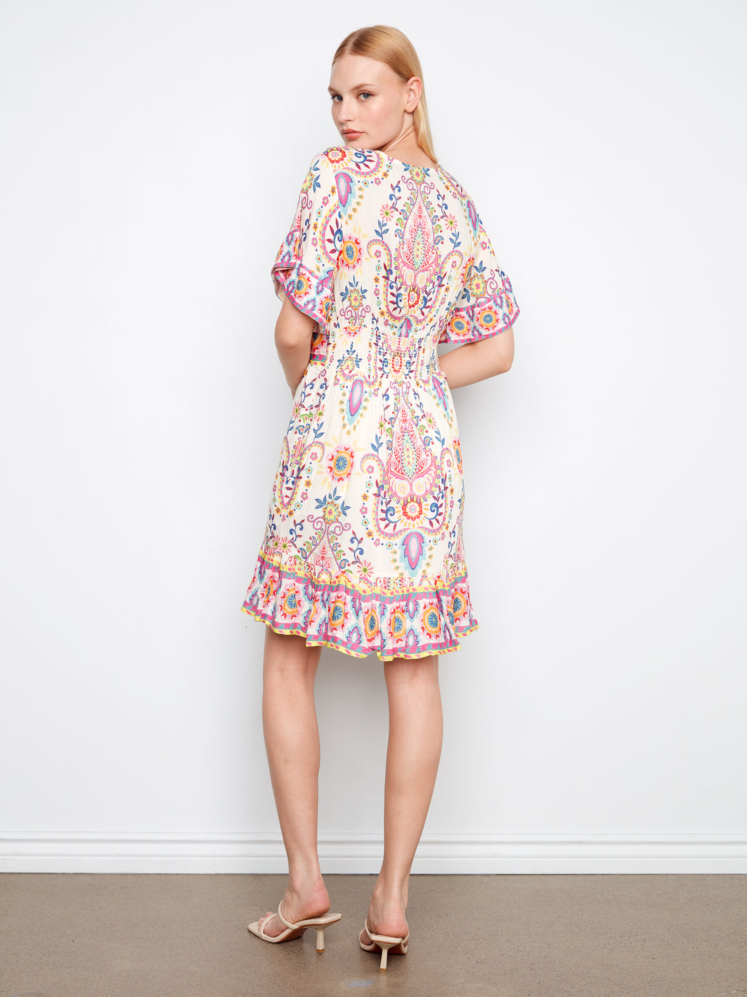 Border Print Flutter Elbow Sleeve V-Neck Dress, Back Smocked Waist Band