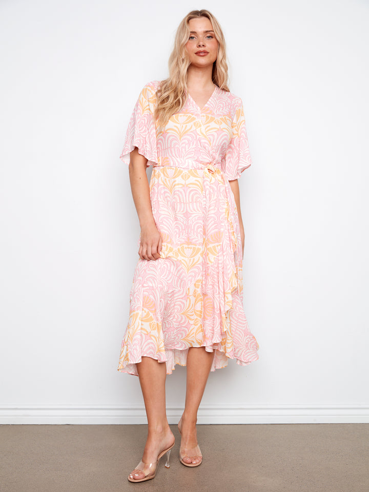 Printed Faux Wrap Dress With Belt