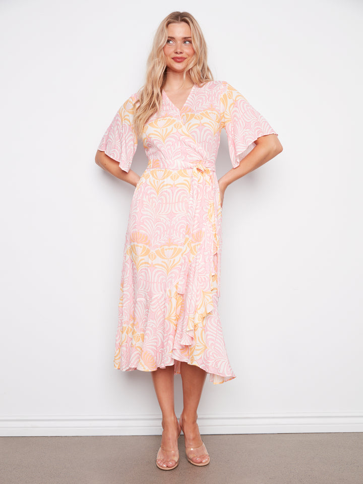 Printed Faux Wrap Dress With Belt