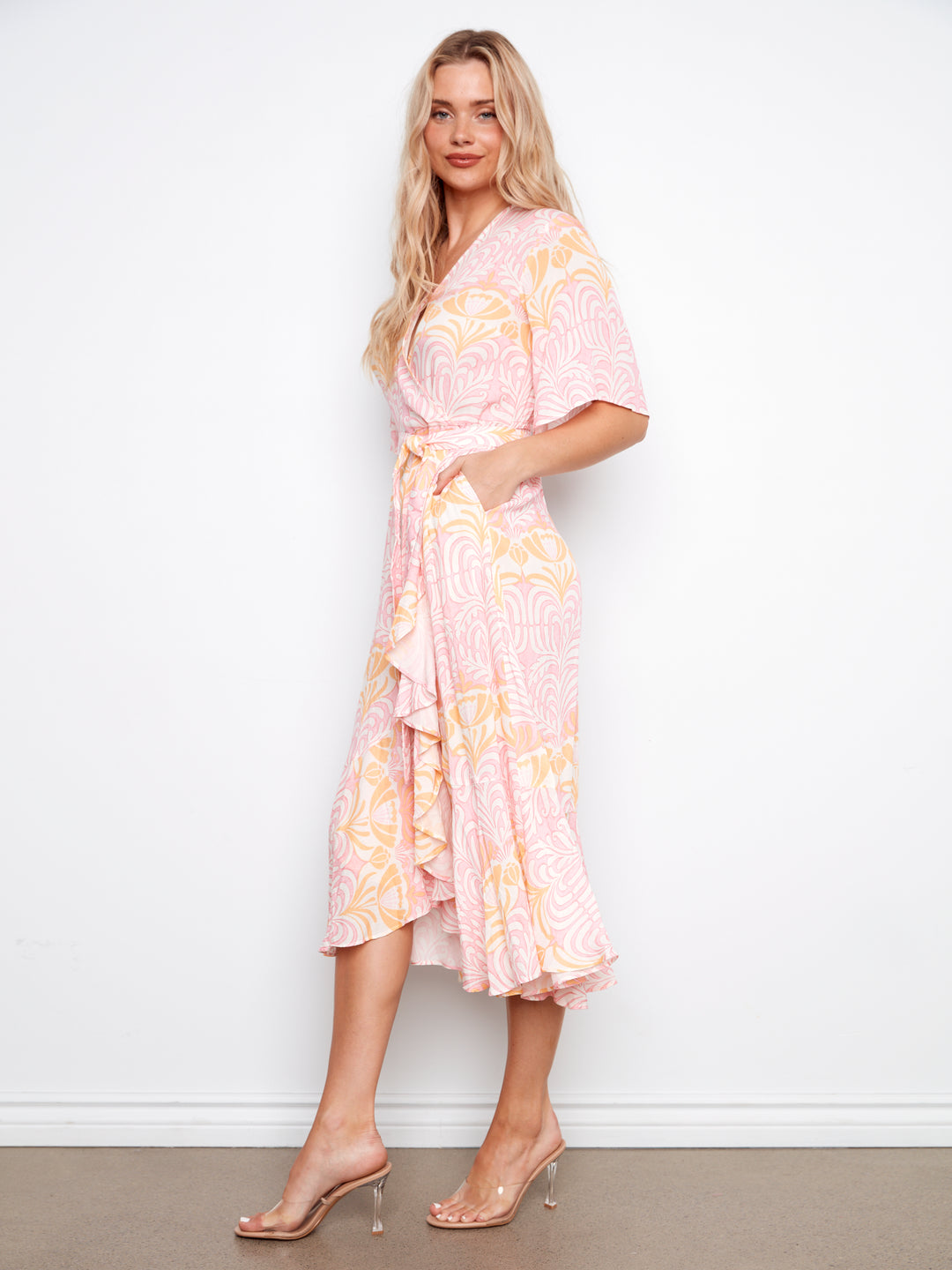 Printed Faux Wrap Dress With Belt