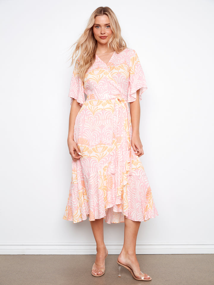 Printed Faux Wrap Dress With Belt