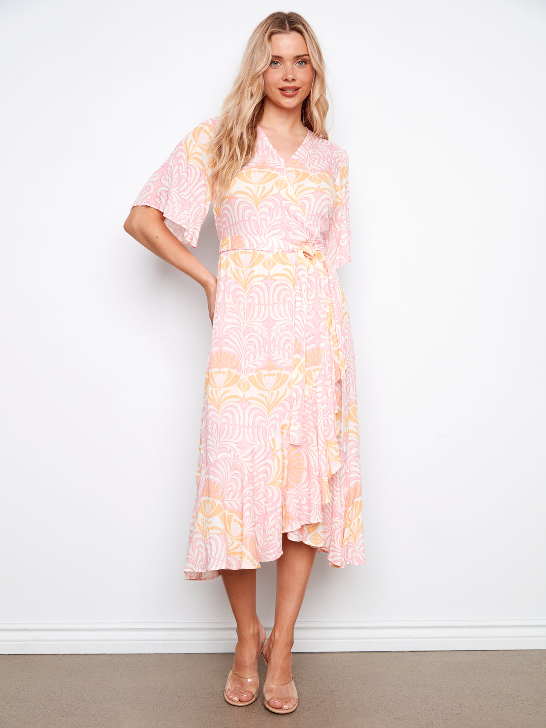 Printed Faux Wrap Dress With Belt