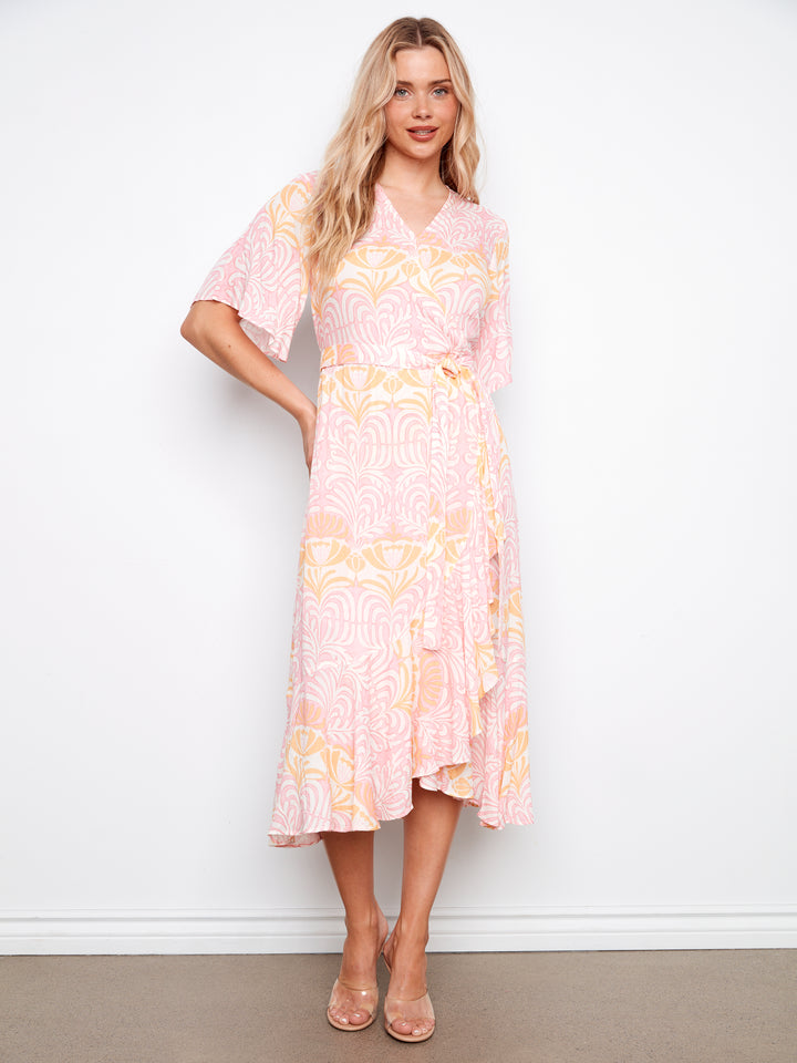 Printed Faux Wrap Dress With Belt