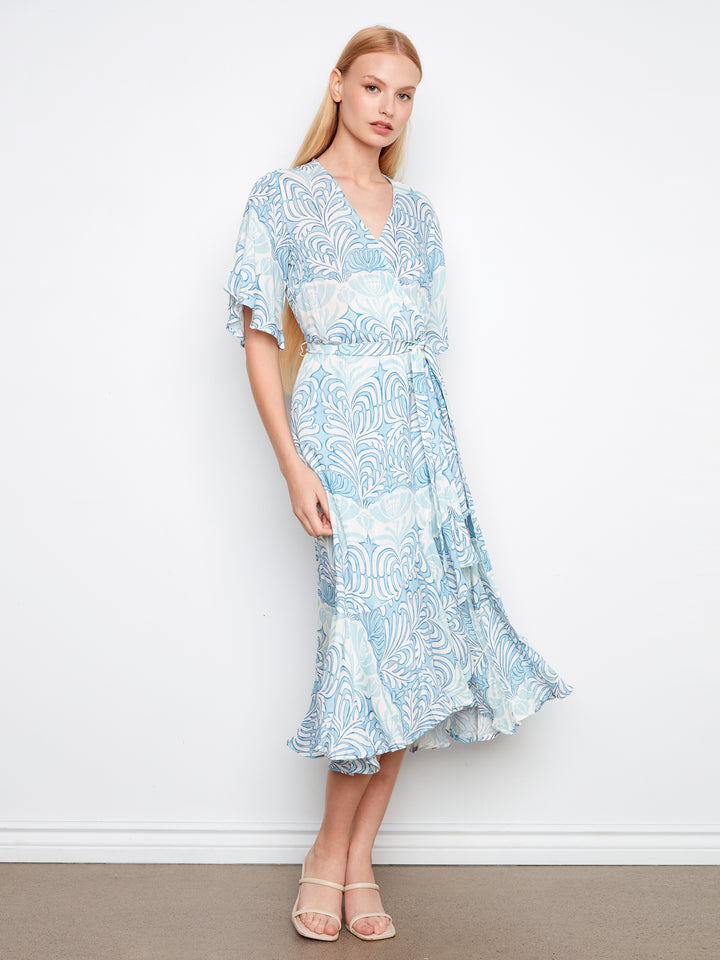 Printed Faux Wrap Dress With Belt