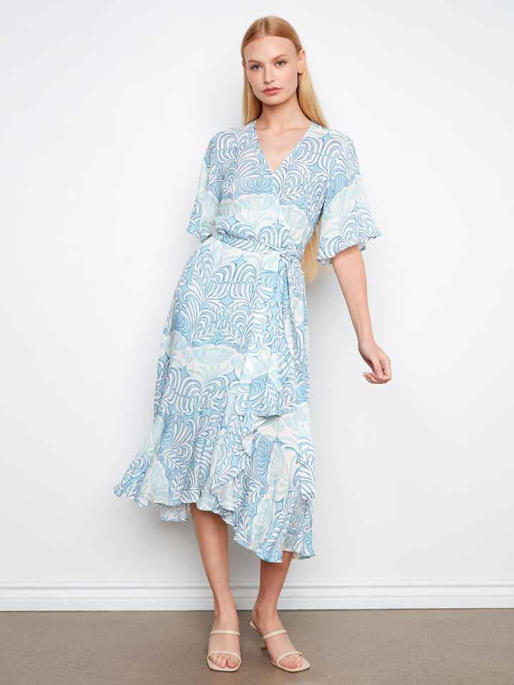 Printed Faux Wrap Dress With Belt