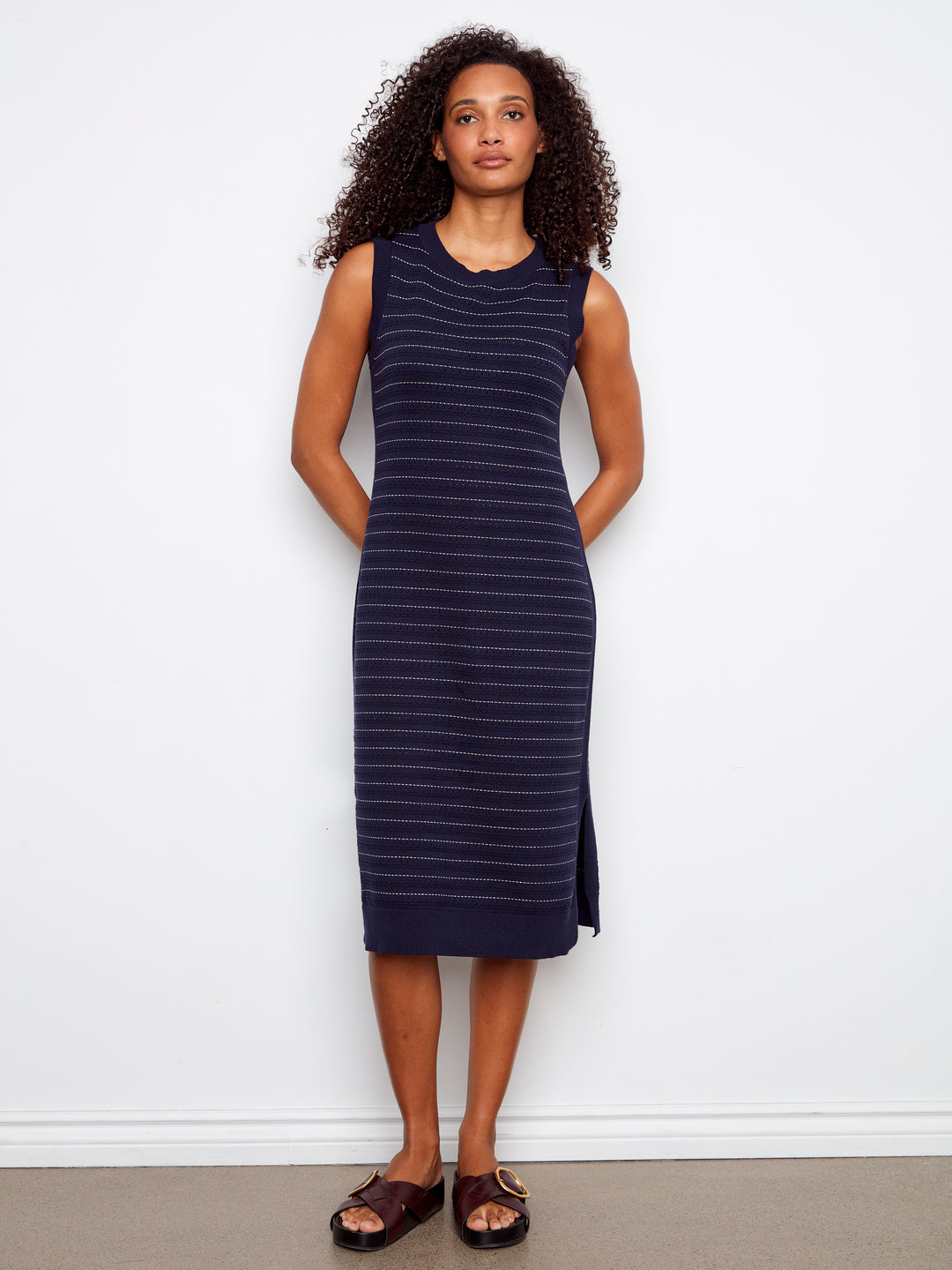 Striped Sleeveless Long Crew Neck Sweater Dress