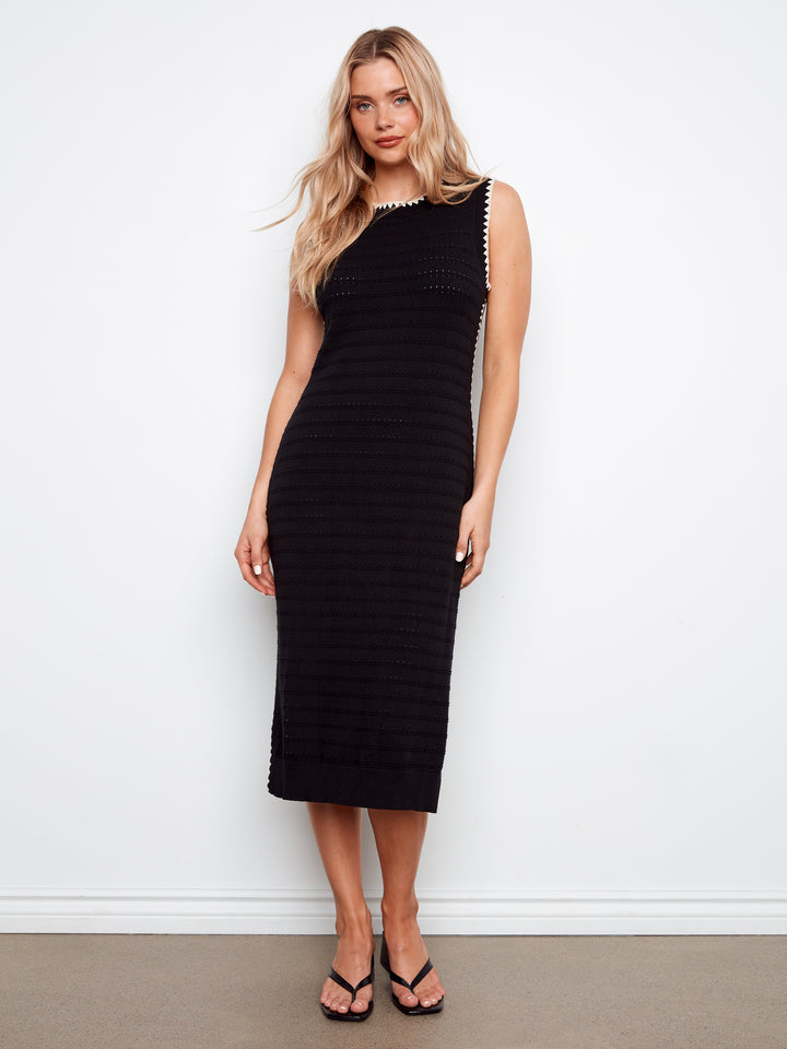 Sleeveless Long Crew Neck Sweater Dress With Blanket Edge Stitch Detail