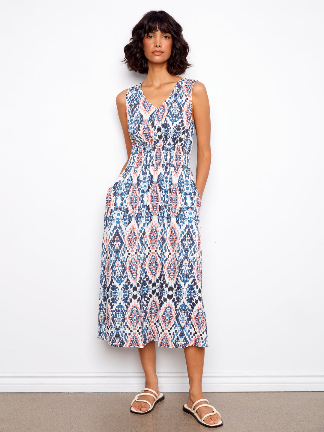 Printed Viscose Dress With Smocking at Waist
