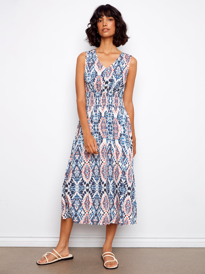 Printed Viscose Dress With Smocking at Waist