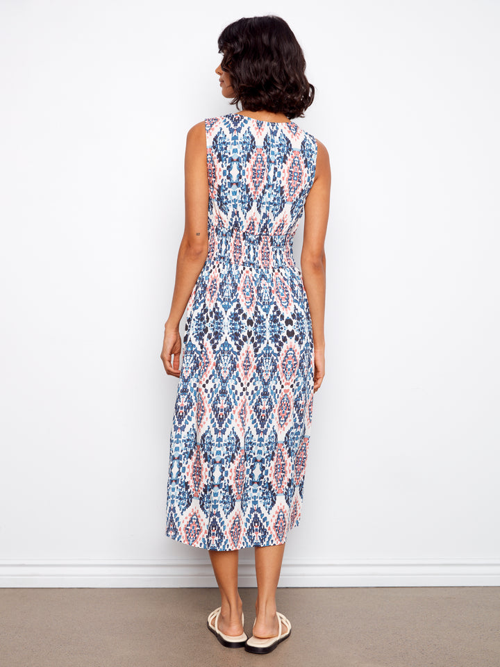 Printed Viscose Dress With Smocking at Waist