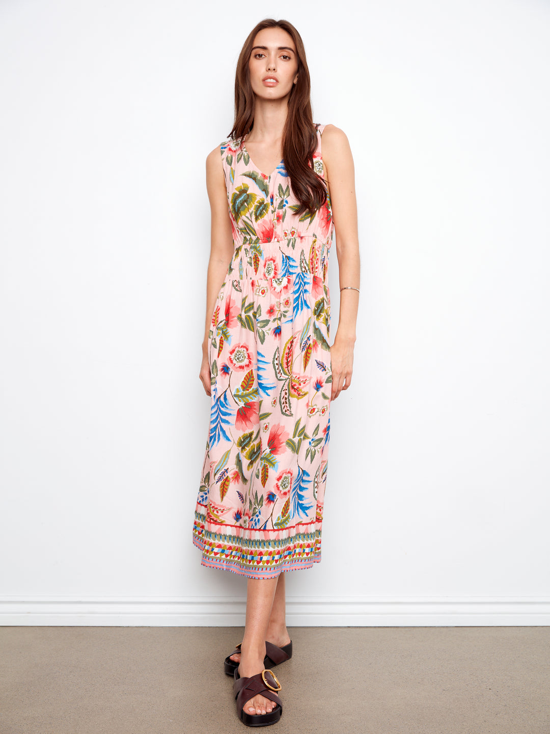 Printed Viscose Dress With Smocking at Waist