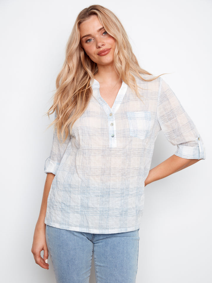 Yarn Dye Voile Half-Button Blouse