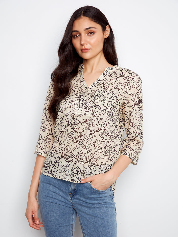 Printed Cotton Blend Half-Button Blouse