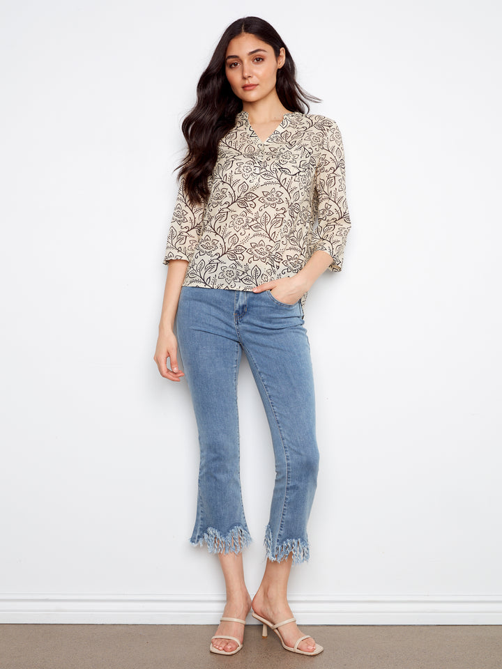Printed Cotton Blend Half-Button Blouse