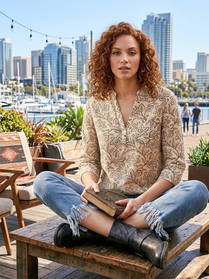 Printed Cotton Blend Half-Button Blouse