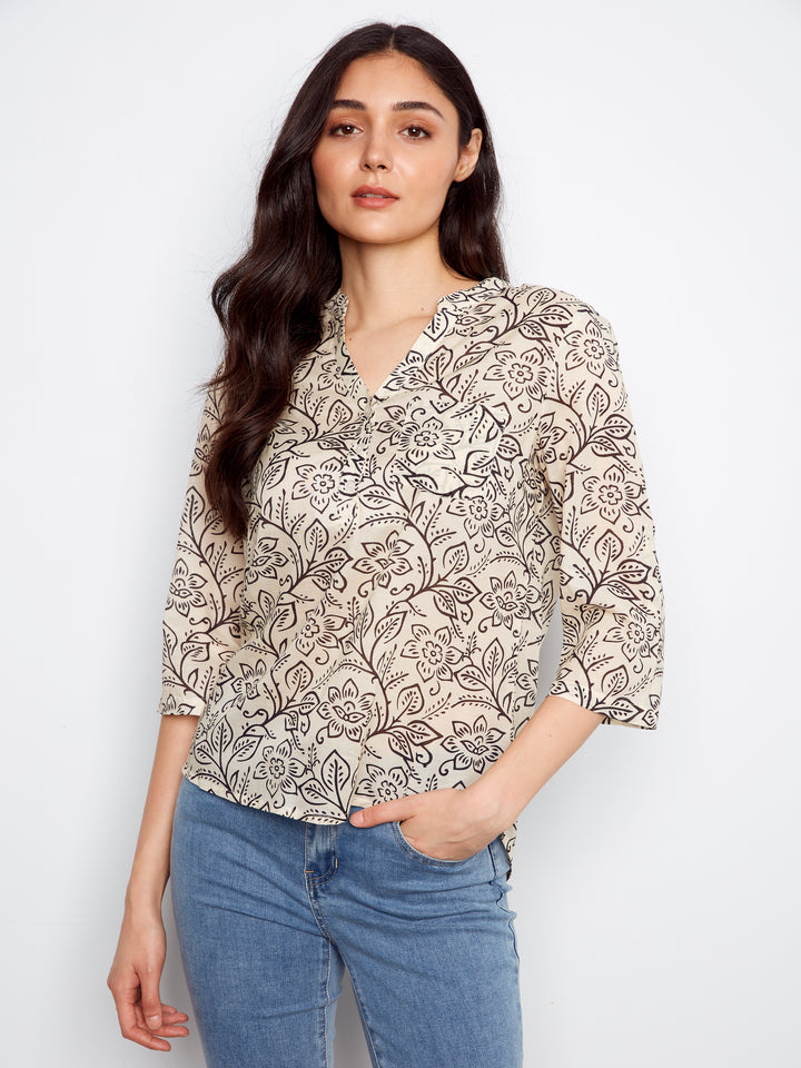 Printed Cotton Blend Half-Button Blouse