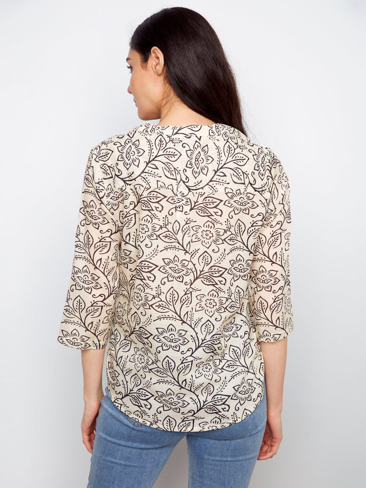 Printed Cotton Blend Half-Button Blouse
