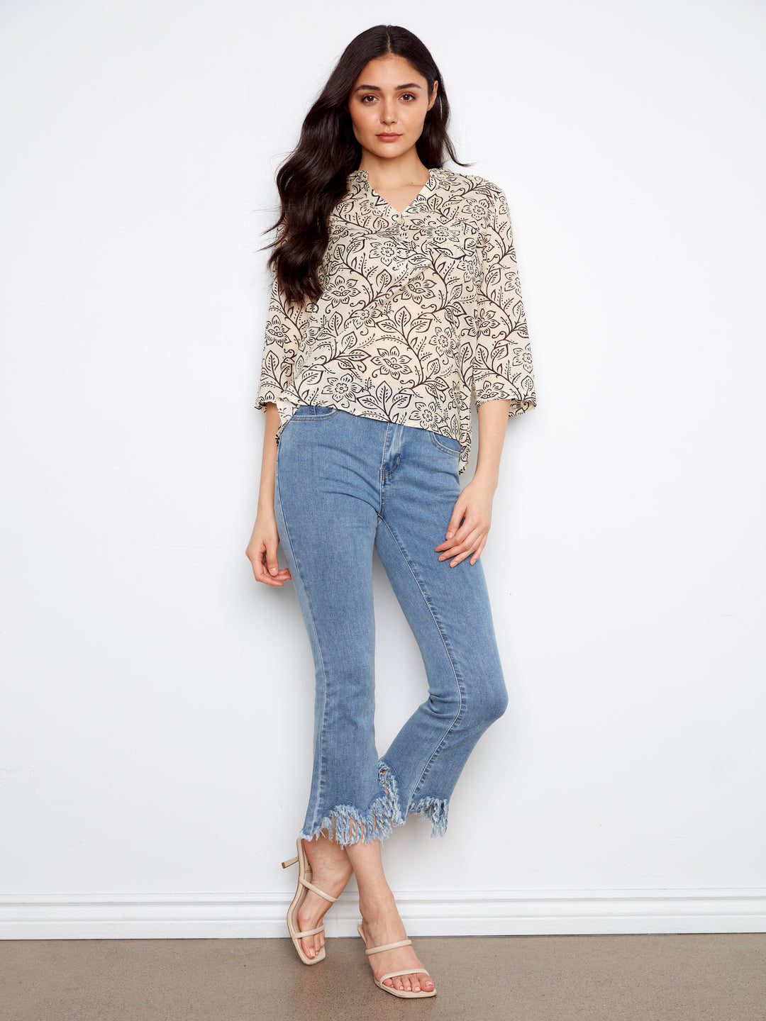 Printed Cotton Blend Half-Button Blouse
