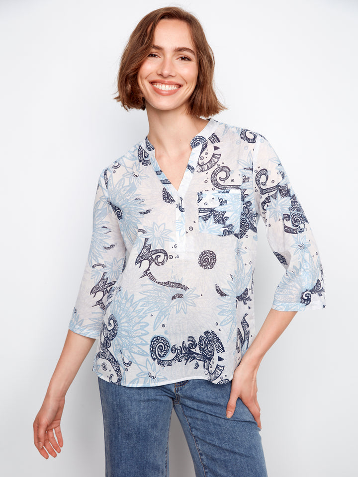 Printed Cotton Blend Half-Button Blouse