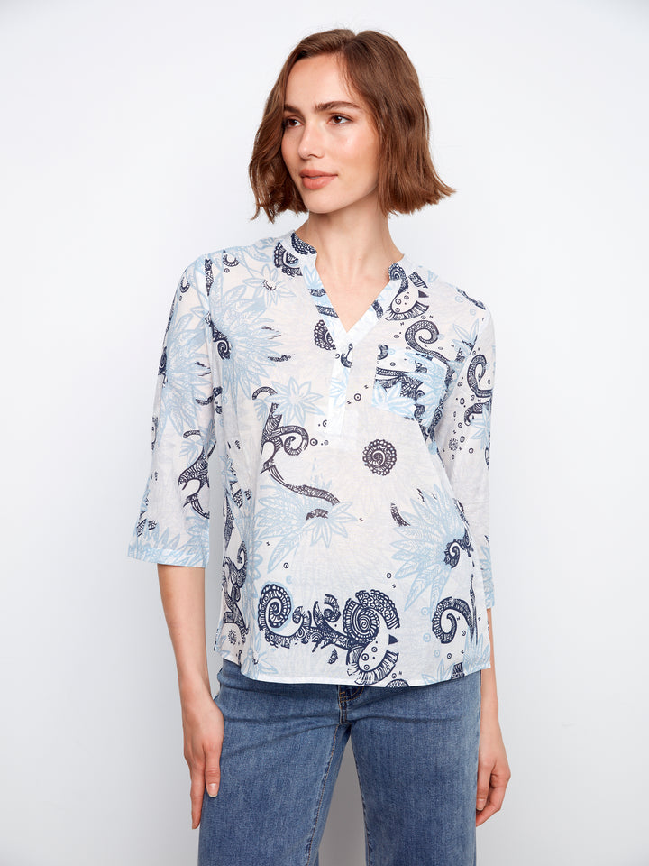 Printed Cotton Blend Half-Button Blouse