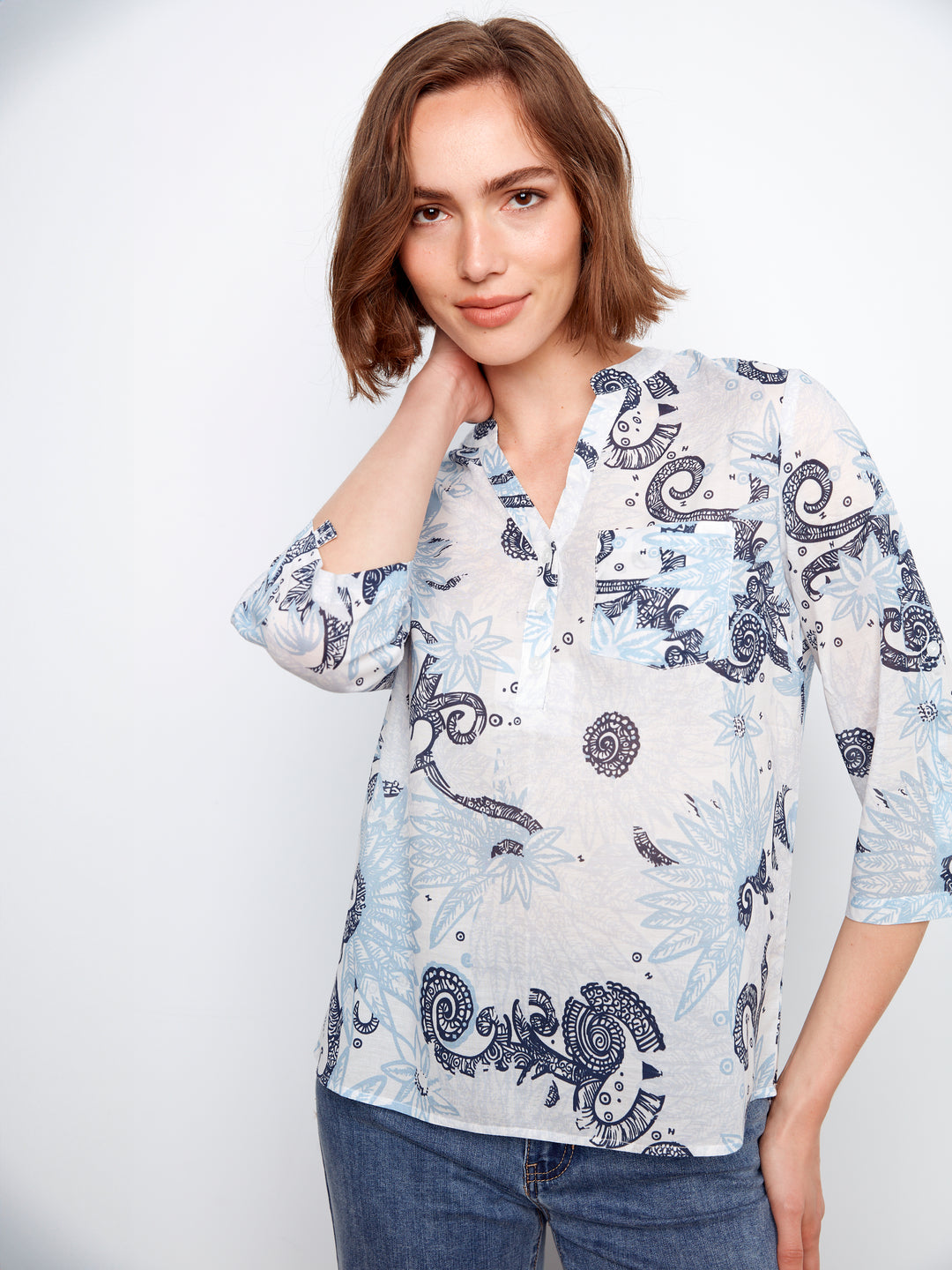 Printed Cotton Blend Half-Button Blouse