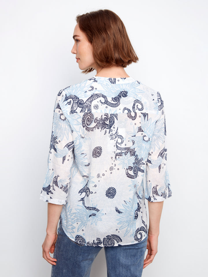 Printed Cotton Blend Half-Button Blouse